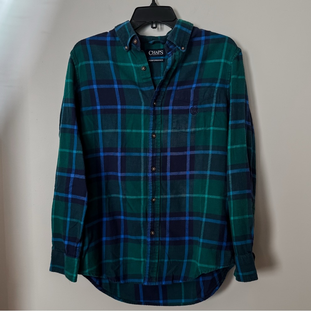 Men’s Chaps Blue and Green Plaid Button Down Shirt Lounge Flannel Small Fall